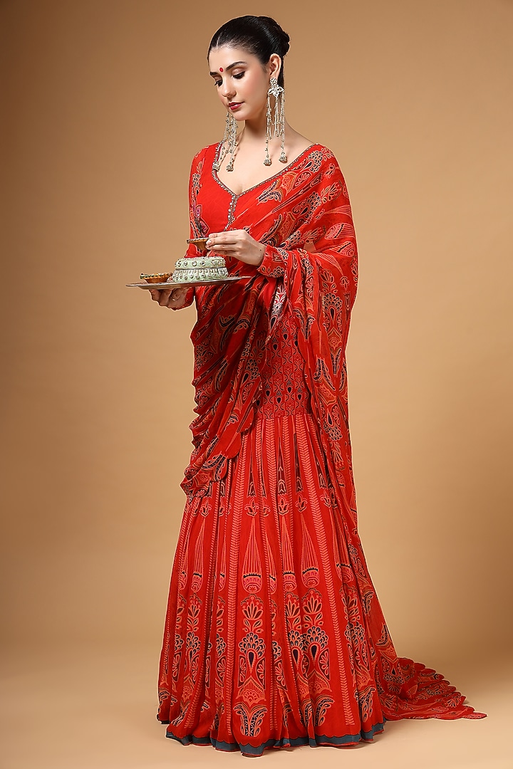 Crimson Red Georgette Printed Draped Party Wear Lehenga Saree Set by Gazab By Miku Kumar at Pernia's Pop Up Shop