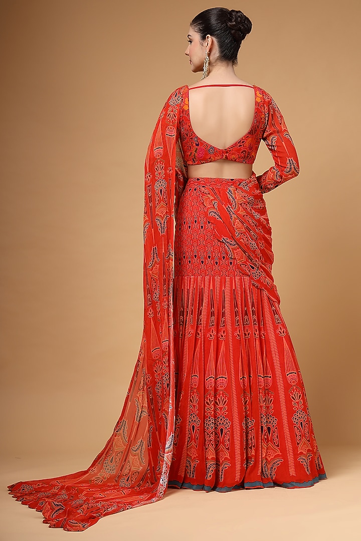 Crimson Red Georgette Printed Draped Party Wear Lehenga Saree Set by Gazab By Miku Kumar at Pernia's Pop Up Shop