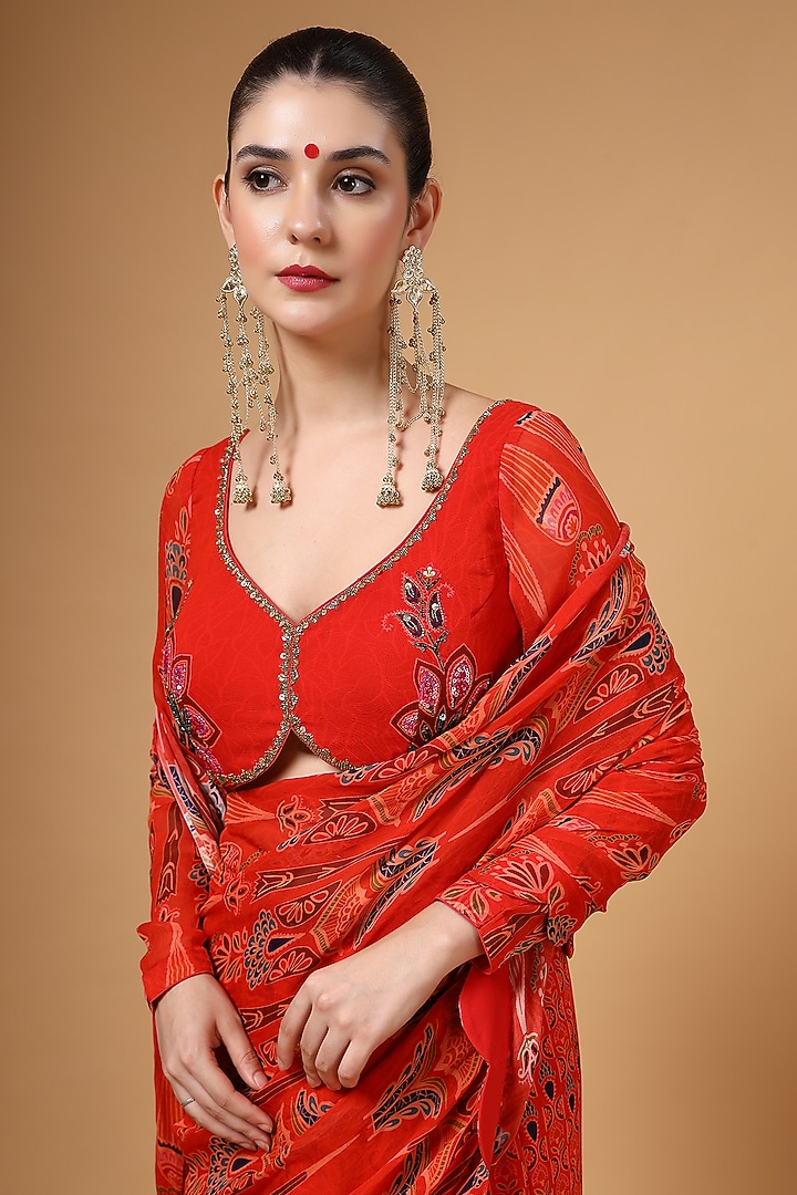 Crimson Red Georgette Printed Draped Party Wear Lehenga Saree Set by Gazab By Miku Kumar at Pernia's Pop Up Shop
