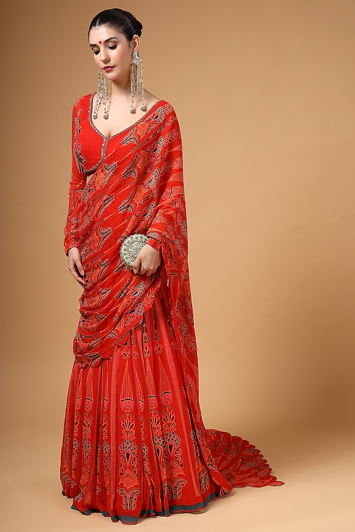 Crimson Red Georgette Printed Draped Party Wear Lehenga Saree Set by Gazab By Miku Kumar at Pernia's Pop Up Shop