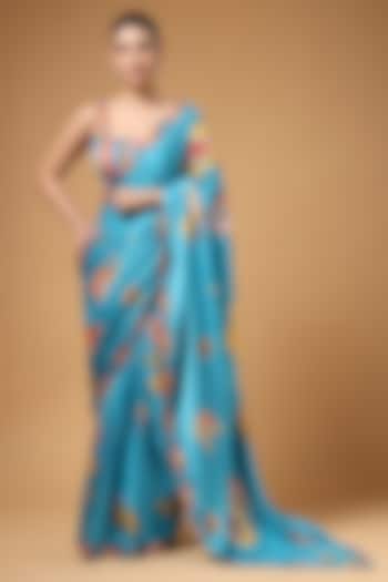 Ferozi Blue Modal Satin Floral Printed Pre-Draped Party Wear Saree Set by Gazab By Miku Kumar at Pernia's Pop Up Shop