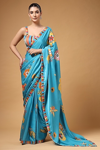 Ferozi Blue Modal Satin Floral Printed Pre-Draped Saree Set by Gazab By Miku Kumar