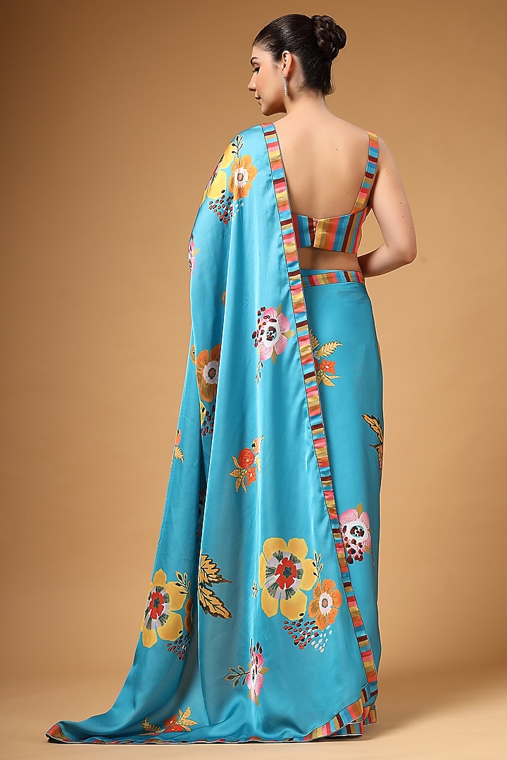 Ferozi Blue Modal Satin Floral Printed Pre-Draped Party Wear Saree Set by Gazab By Miku Kumar at Pernia's Pop Up Shop