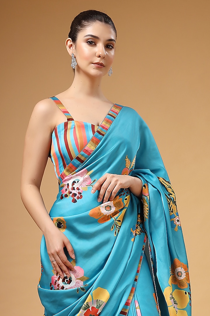 Ferozi Blue Modal Satin Floral Printed Pre-Draped Party Wear Saree Set by Gazab By Miku Kumar at Pernia's Pop Up Shop