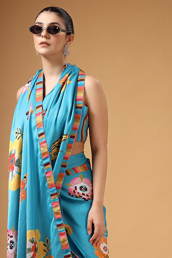 Ferozi Blue Modal Satin Floral Printed Pre-Draped Party Wear Saree Set by Gazab By Miku Kumar at Pernia's Pop Up Shop