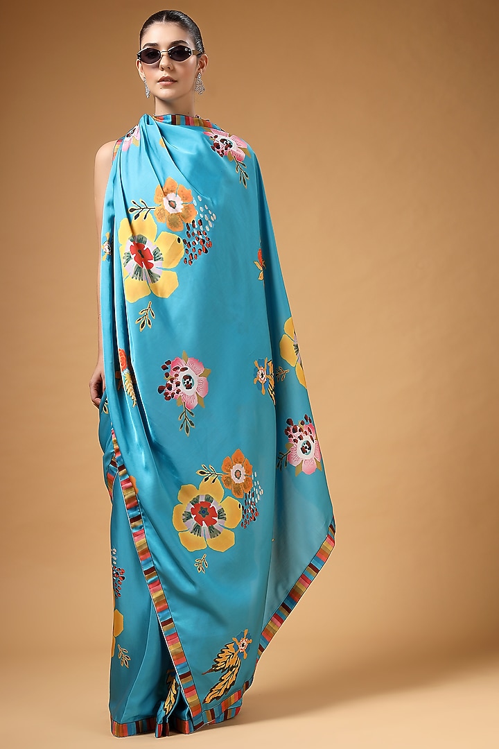 Ferozi Blue Modal Satin Floral Printed Pre-Draped Party Wear Saree Set by Gazab By Miku Kumar at Pernia's Pop Up Shop