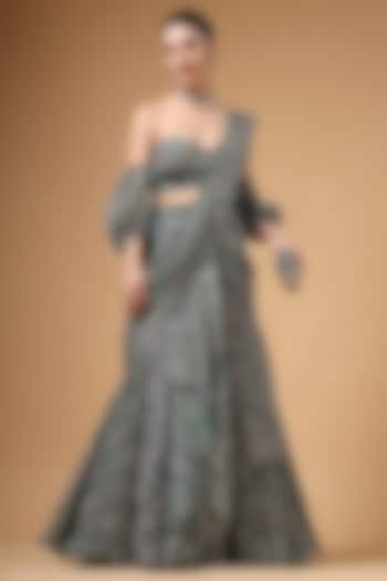 Green Organza Printed Draped Party Wear Lehenga Saree Set by Gazab By Miku Kumar at Pernia's Pop Up Shop