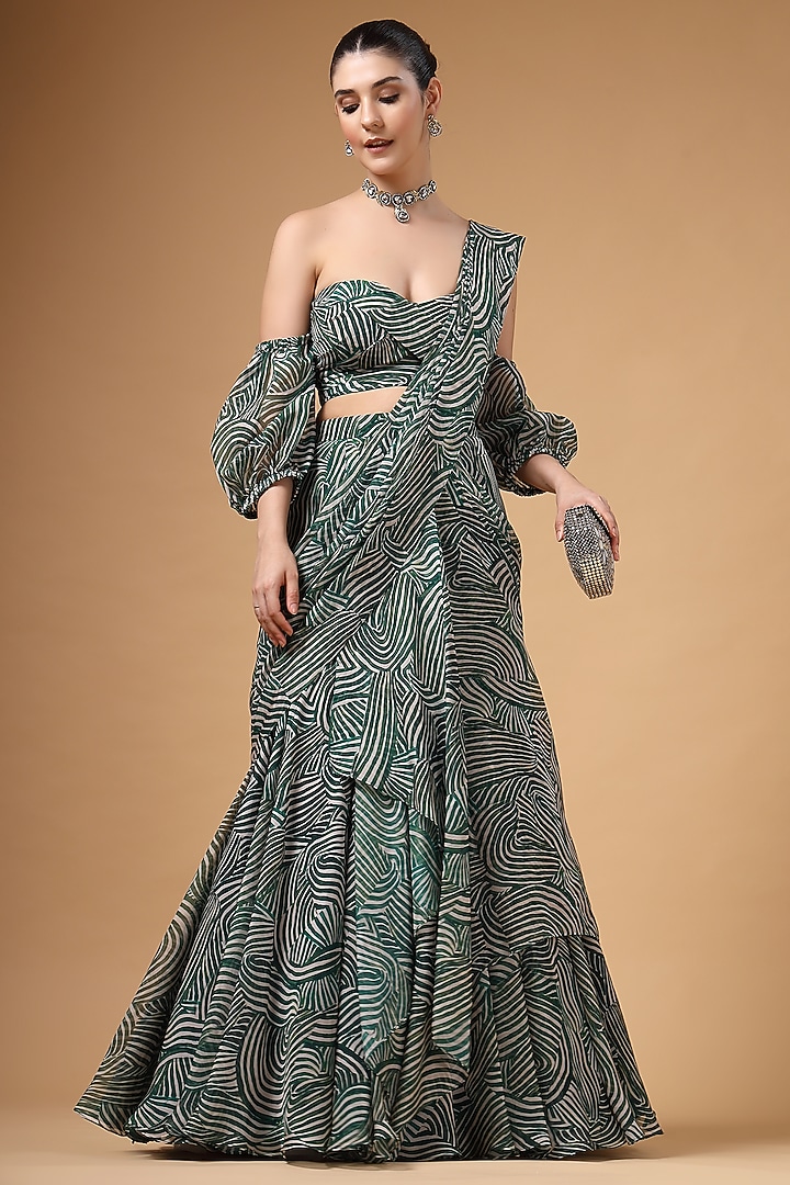 Green Organza Printed Draped Party Wear Lehenga Saree Set by Gazab By Miku Kumar at Pernia's Pop Up Shop