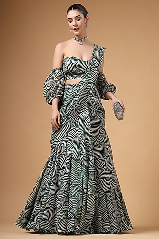 Green Organza Printed Draped Lehenga Saree Set by Gazab By Miku Kumar