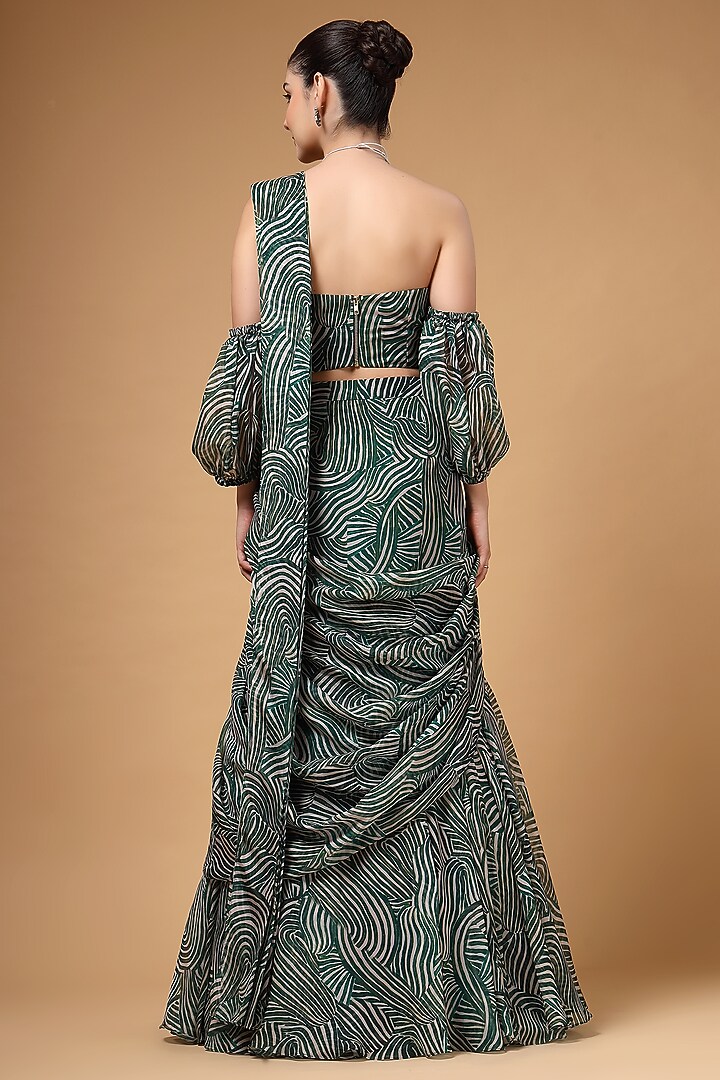 Green Organza Printed Draped Party Wear Lehenga Saree Set by Gazab By Miku Kumar at Pernia's Pop Up Shop