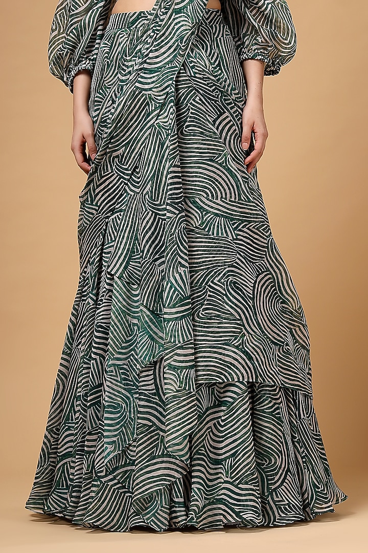 Green Organza Printed Draped Party Wear Lehenga Saree Set by Gazab By Miku Kumar at Pernia's Pop Up Shop