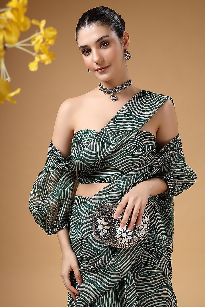 Green Organza Printed Draped Party Wear Lehenga Saree Set by Gazab By Miku Kumar at Pernia's Pop Up Shop