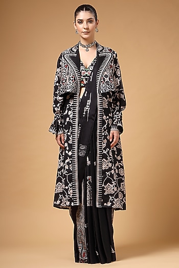 Black Modal Satin Draped Pant Wedding Saree Set by Gazab By Miku Kumar at Pernia's Pop Up Shop