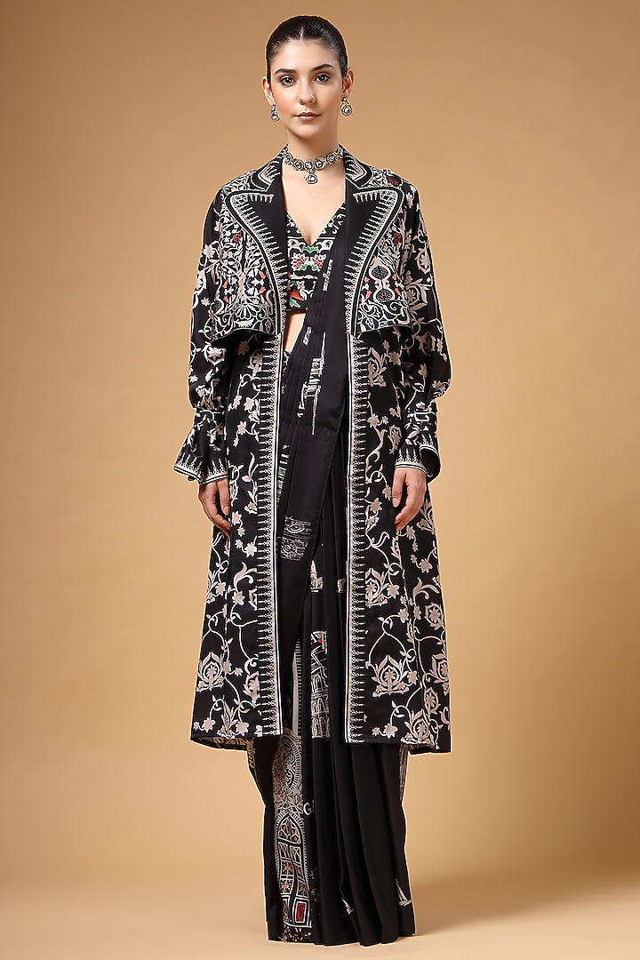 Black Modal Satin Draped Pant Wedding Saree Set by Gazab By Miku Kumar at Pernia's Pop Up Shop