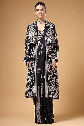 Black Modal Satin Draped Pant Saree Set by Gazab By Miku Kumar