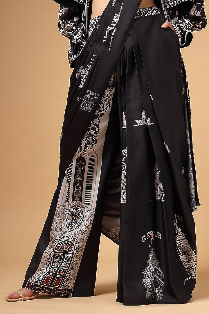 Black Modal Satin Draped Pant Wedding Saree Set by Gazab By Miku Kumar at Pernia's Pop Up Shop