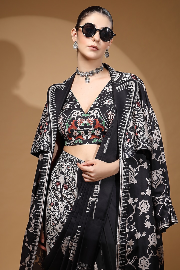 Black Modal Satin Draped Pant Wedding Saree Set by Gazab By Miku Kumar at Pernia's Pop Up Shop