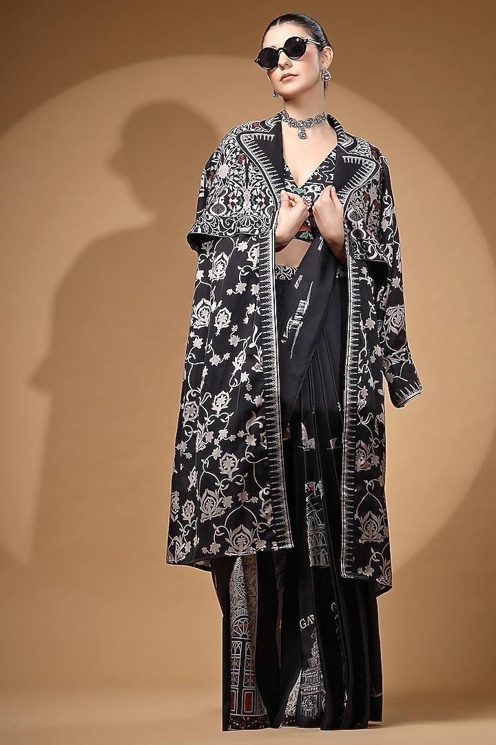 Black Modal Satin Draped Pant Wedding Saree Set by Gazab By Miku Kumar at Pernia's Pop Up Shop