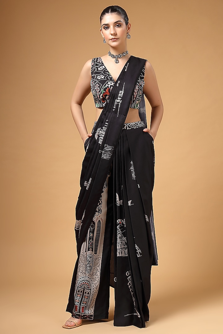 Black Modal Satin Draped Pant Wedding Saree Set by Gazab By Miku Kumar at Pernia's Pop Up Shop