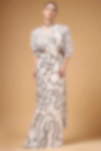 Ivory & Black Silk Crepe Printed Pre-Draped Party Wear Saree Set by Gazab By Miku Kumar at Pernia's Pop Up Shop