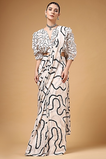 Ivory & Black Silk Crepe Printed Pre-Draped Party Wear Saree Set by Gazab By Miku Kumar at Pernia's Pop Up Shop