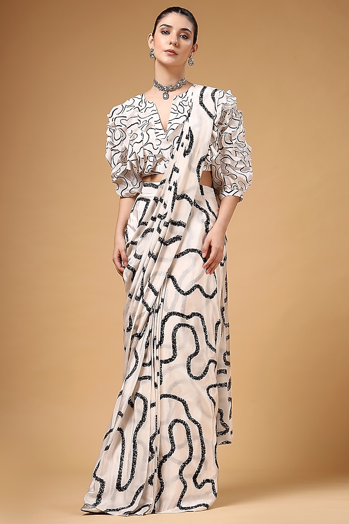 Ivory & Black Silk Crepe Printed Pre-Draped Party Wear Saree Set by Gazab By Miku Kumar at Pernia's Pop Up Shop
