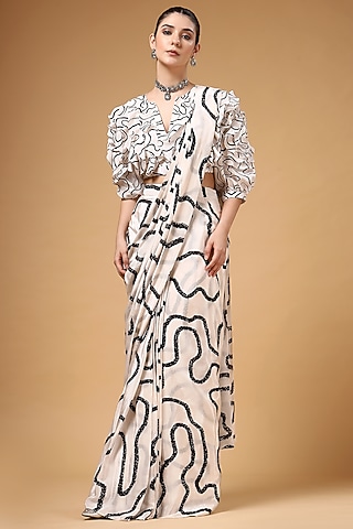 Ivory & Black Silk Crepe Printed Pre-Draped Saree Set by Gazab By Miku Kumar