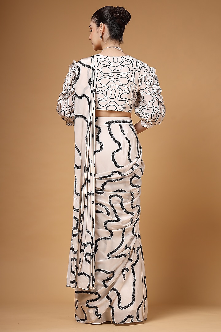 Ivory & Black Silk Crepe Printed Pre-Draped Party Wear Saree Set by Gazab By Miku Kumar at Pernia's Pop Up Shop