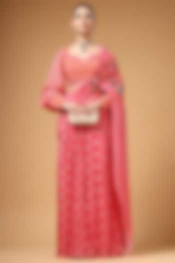 Pink Silk Crepe Printed Pre-Draped Party Wear Saree Set by Gazab By Miku Kumar at Pernia's Pop Up Shop