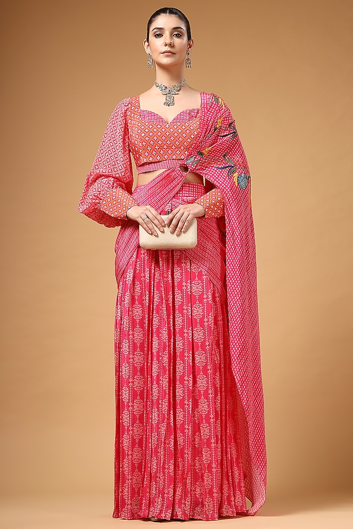 Pink Silk Crepe Printed Pre-Draped Party Wear Saree Set by Gazab By Miku Kumar at Pernia's Pop Up Shop
