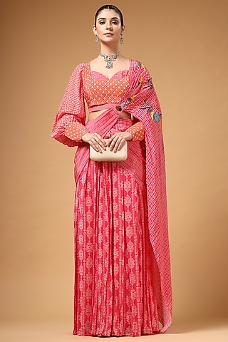 Pink Silk Crepe Printed Pre-Draped Saree Set by Gazab By Miku Kumar