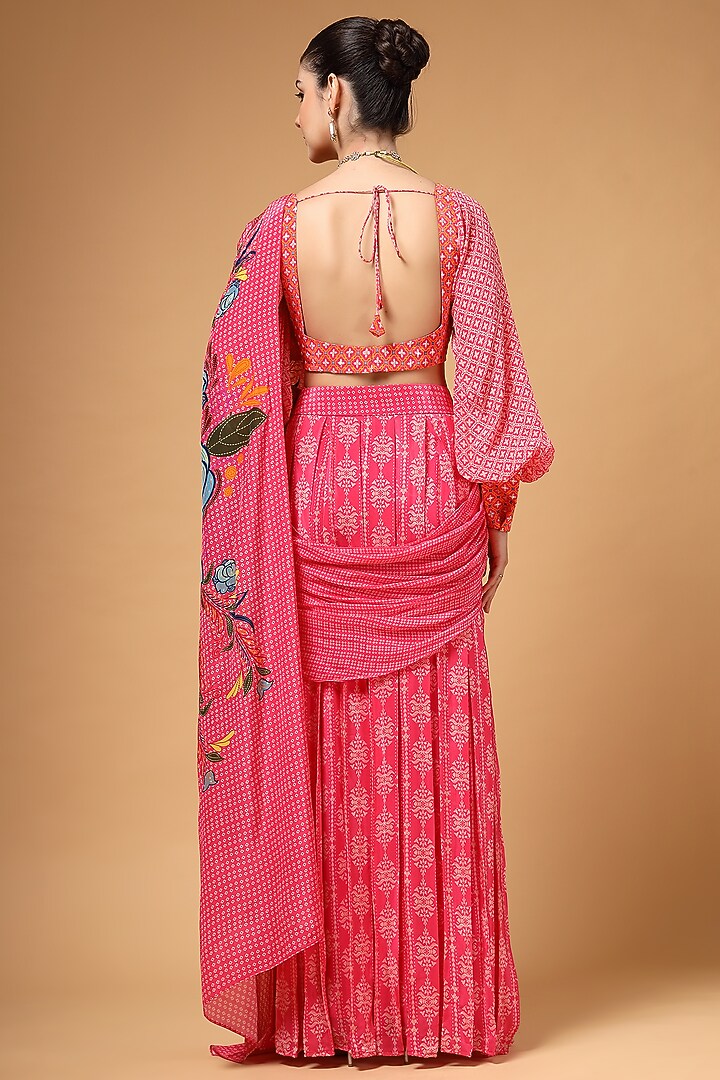 Pink Silk Crepe Printed Pre-Draped Party Wear Saree Set by Gazab By Miku Kumar at Pernia's Pop Up Shop