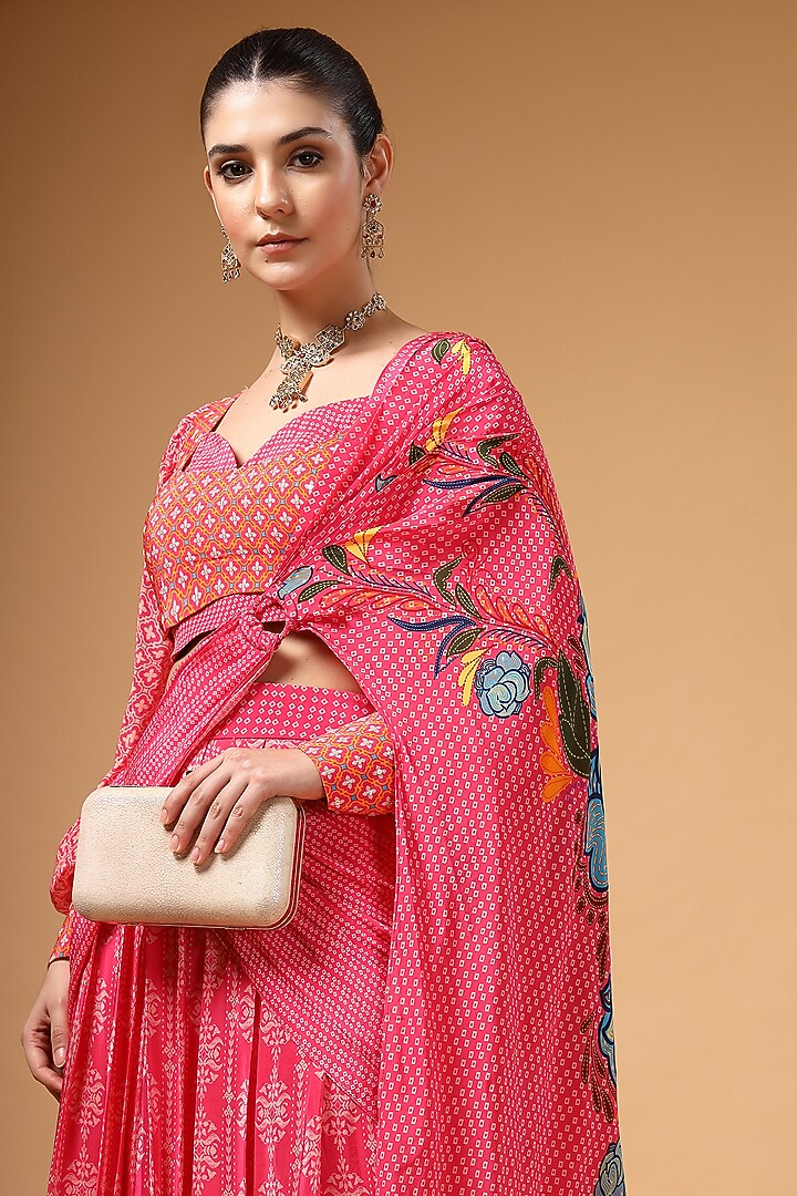Pink Silk Crepe Printed Pre-Draped Party Wear Saree Set by Gazab By Miku Kumar at Pernia's Pop Up Shop