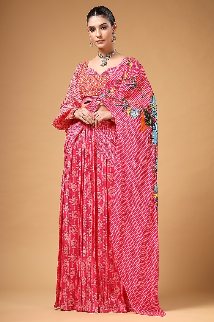 Pink Silk Crepe Printed Pre-Draped Party Wear Saree Set by Gazab By Miku Kumar at Pernia's Pop Up Shop