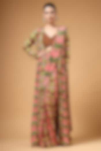 Multi-Colored Silk Crepe Printed Pre-Draped Party Wear Saree Set by Gazab By Miku Kumar at Pernia's Pop Up Shop