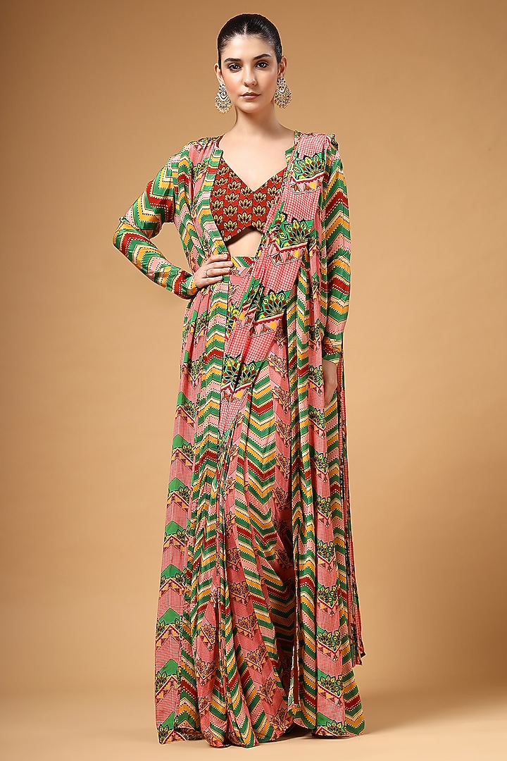 Multi-Colored Silk Crepe Printed Pre-Draped Party Wear Saree Set by Gazab By Miku Kumar at Pernia's Pop Up Shop