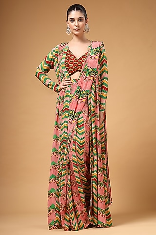 Multi-Colored Silk Crepe Printed Pre-Draped Saree Set by Gazab By Miku Kumar