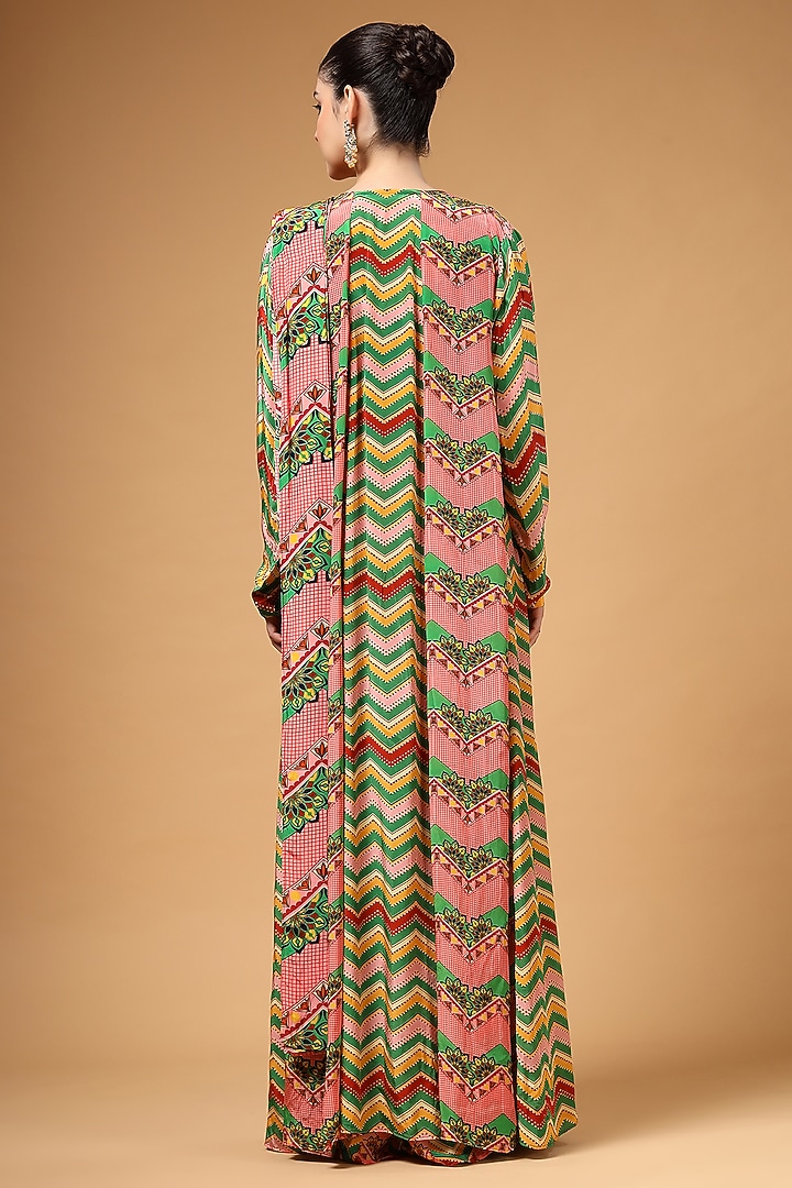 Multi-Colored Silk Crepe Printed Pre-Draped Party Wear Saree Set by Gazab By Miku Kumar at Pernia's Pop Up Shop