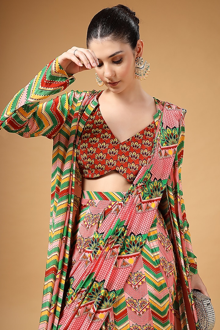Multi-Colored Silk Crepe Printed Pre-Draped Party Wear Saree Set by Gazab By Miku Kumar at Pernia's Pop Up Shop