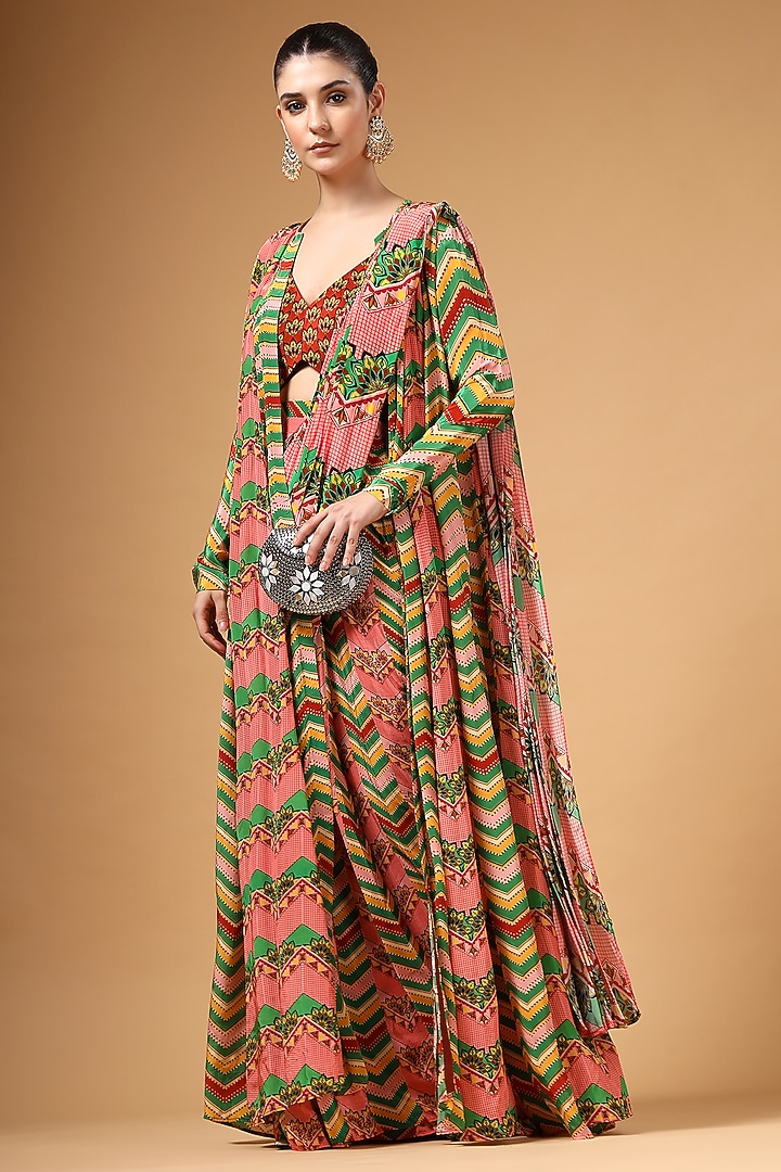 Multi-Colored Silk Crepe Printed Pre-Draped Party Wear Saree Set by Gazab By Miku Kumar at Pernia's Pop Up Shop