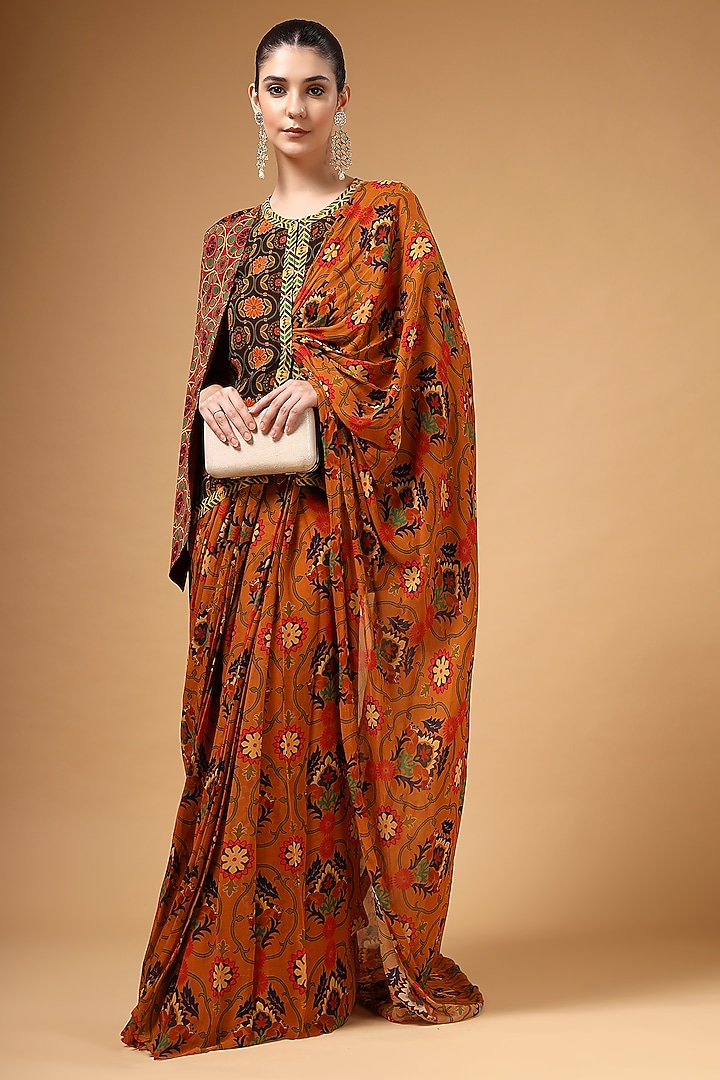 Brown Organza Printed Pre-Draped Party Wear Saree Set by Gazab By Miku Kumar at Pernia's Pop Up Shop