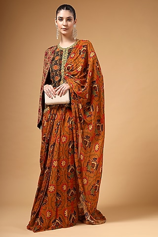 Brown Organza Printed Pre-Draped Saree Set by Gazab By Miku Kumar
