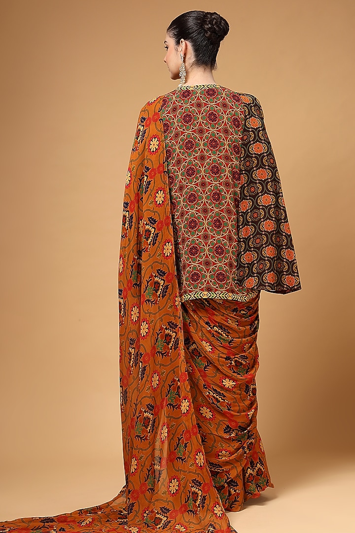 Brown Organza Printed Pre-Draped Party Wear Saree Set by Gazab By Miku Kumar at Pernia's Pop Up Shop