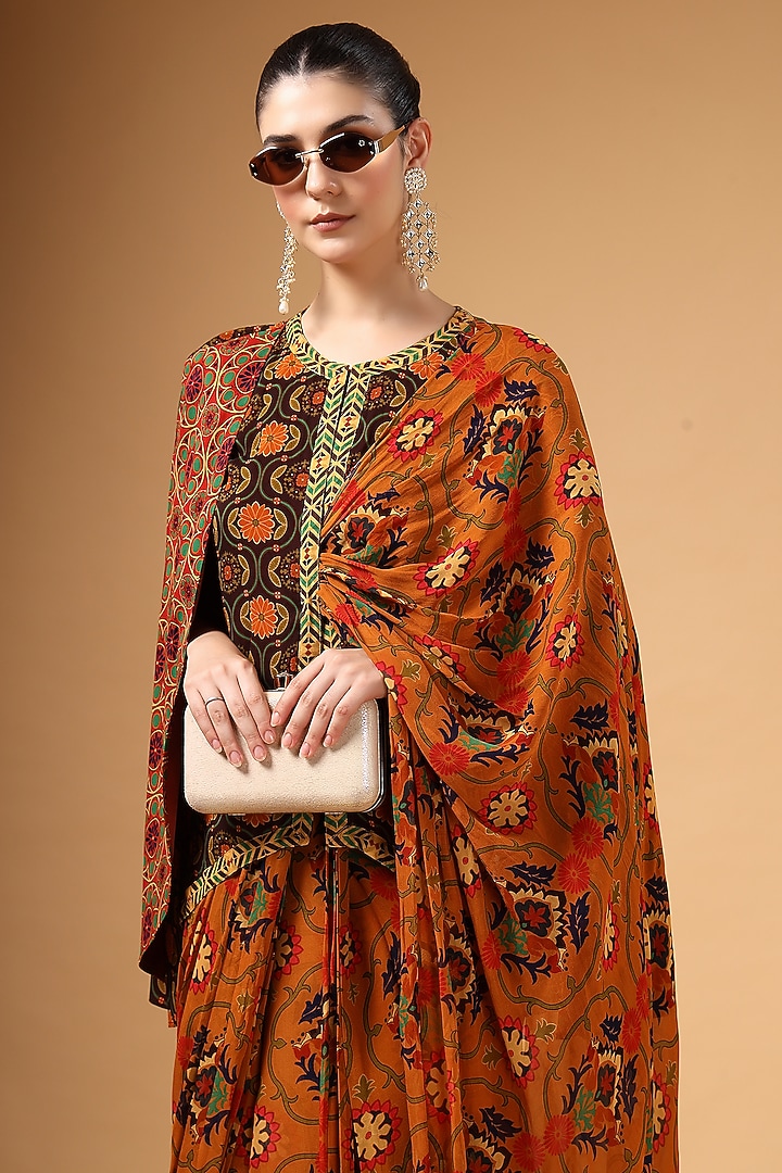 Brown Organza Printed Pre-Draped Party Wear Saree Set by Gazab By Miku Kumar at Pernia's Pop Up Shop