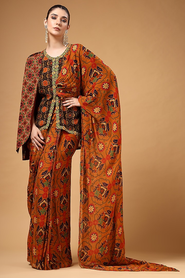 Brown Organza Printed Pre-Draped Party Wear Saree Set by Gazab By Miku Kumar at Pernia's Pop Up Shop
