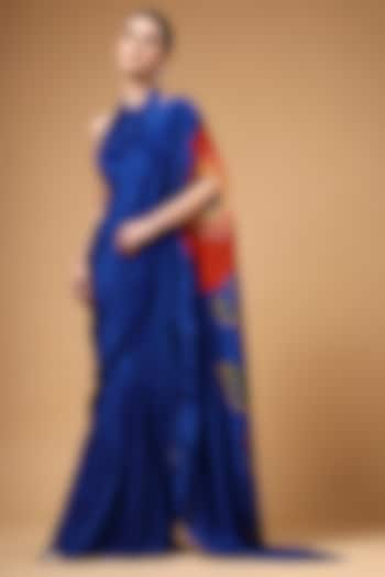Royal Blue Silk Crepe Printed Pre-Draped Party Wear Saree Set by Gazab By Miku Kumar at Pernia's Pop Up Shop