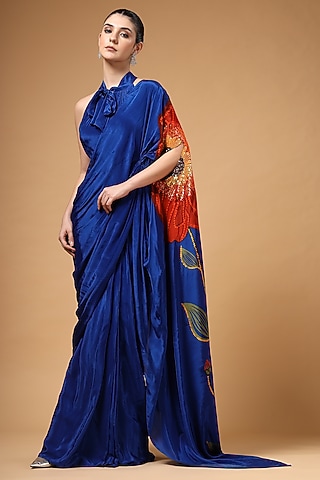 Royal Blue Silk Crepe Printed Pre-Draped Saree Set by Gazab By Miku Kumar