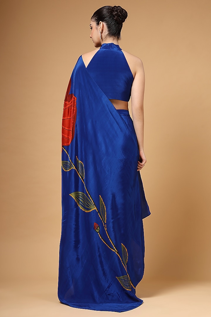 Royal Blue Silk Crepe Printed Pre-Draped Party Wear Saree Set by Gazab By Miku Kumar at Pernia's Pop Up Shop