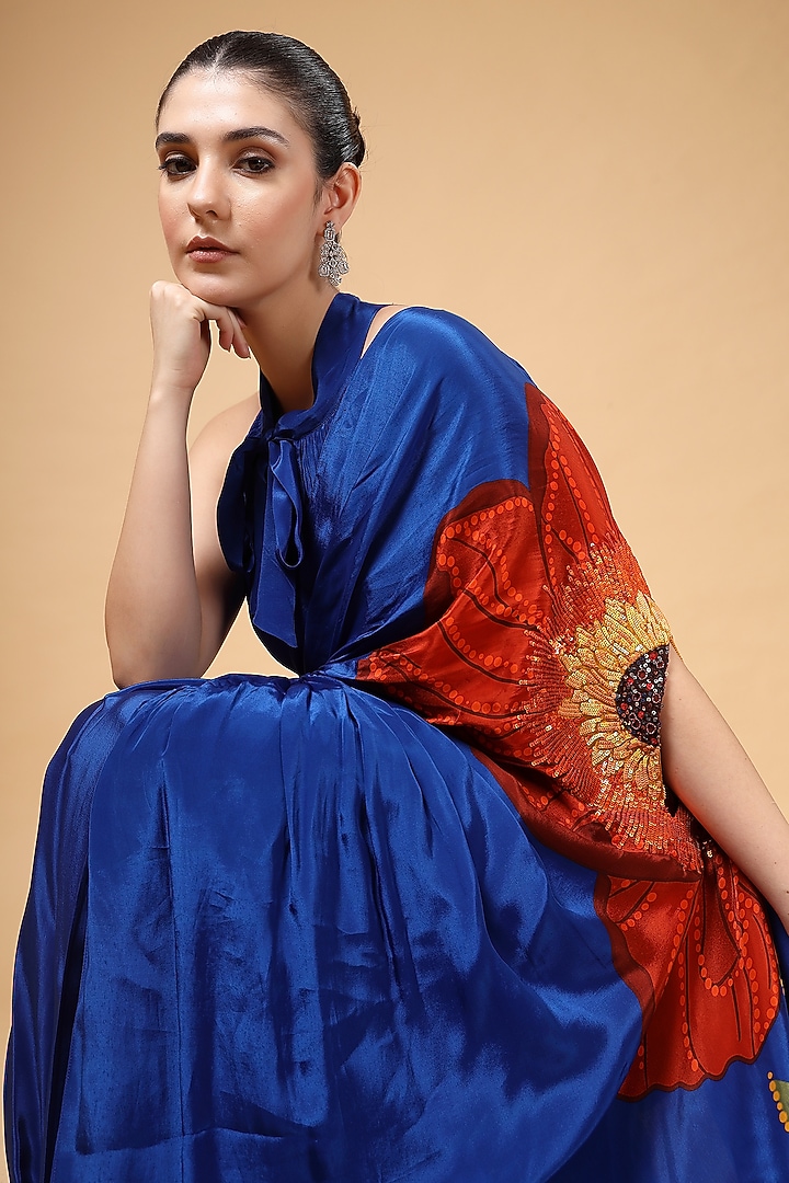 Royal Blue Silk Crepe Printed Pre-Draped Party Wear Saree Set by Gazab By Miku Kumar at Pernia's Pop Up Shop