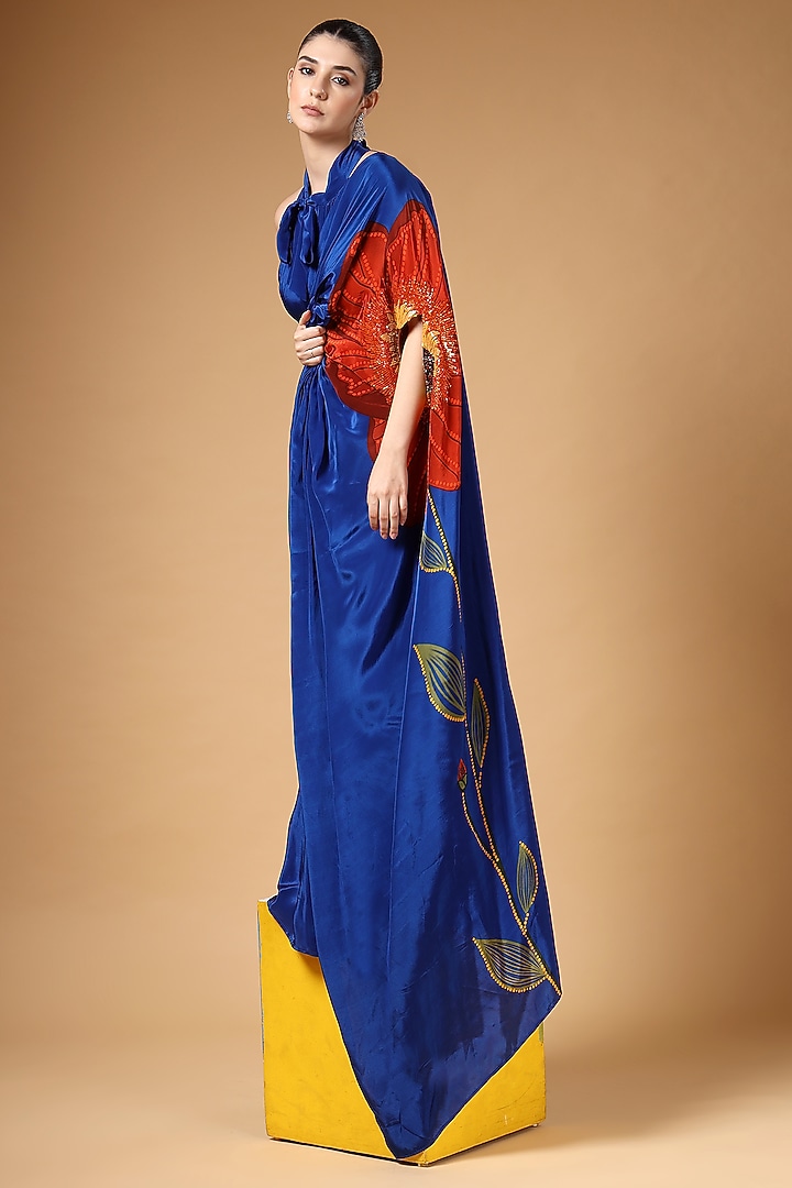 Royal Blue Silk Crepe Printed Pre-Draped Party Wear Saree Set by Gazab By Miku Kumar at Pernia's Pop Up Shop